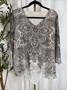Westport Taupe and Cream V-Neck Paisley Tunic Lined w/Sheer Overlay Sz 1X (T2)